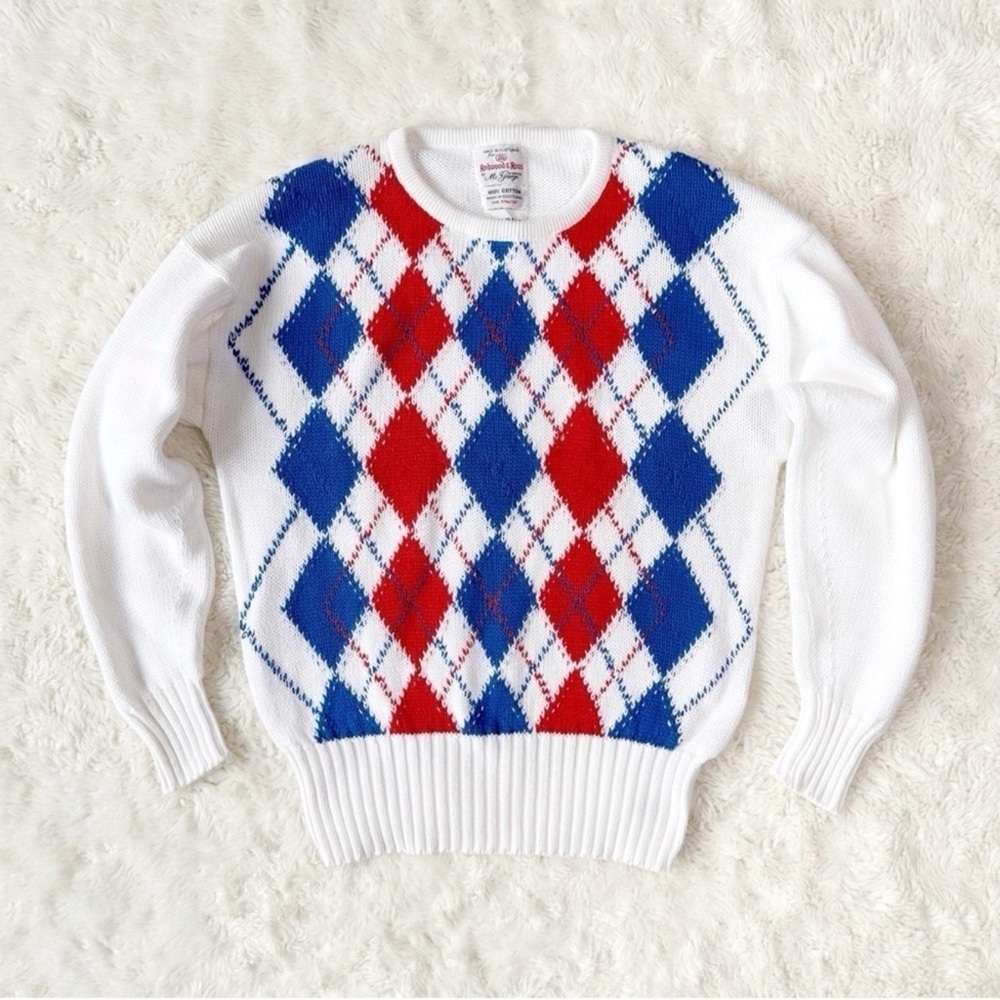VTG Men White Argyle Cotton Scotland Crewneck Knit Sweater SMALL Classic Country